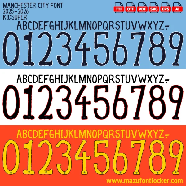 Manchester City KidSuper 2025 Font Vector – Bold Creative Sky Blue Masterpiece