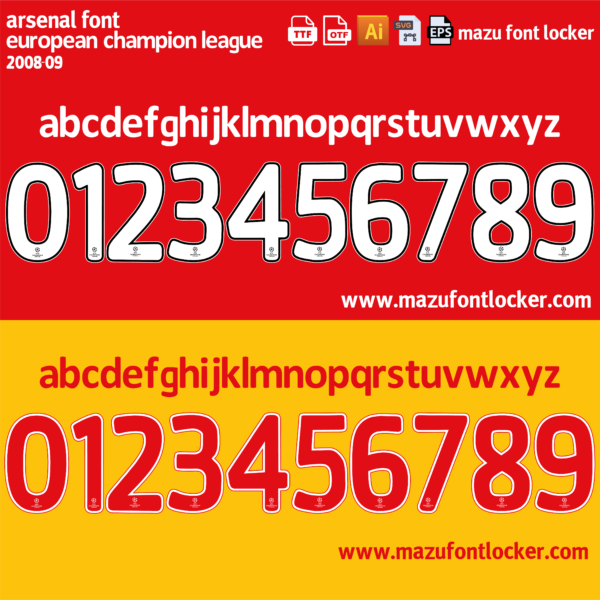 Arsenal UCL 2008-09 Home & Away Font Vector (Digital Download)