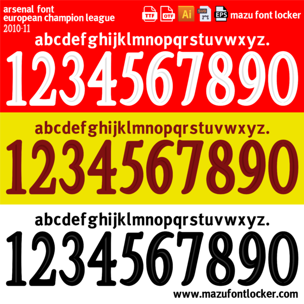 Arsenal UCL 2010-11 Home, Away & Third Font Vector (Digital Download)